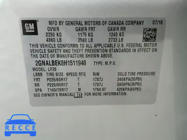 2017 CHEVROLET EQUINOX LS 2GNALBEK8H1511948 image 9