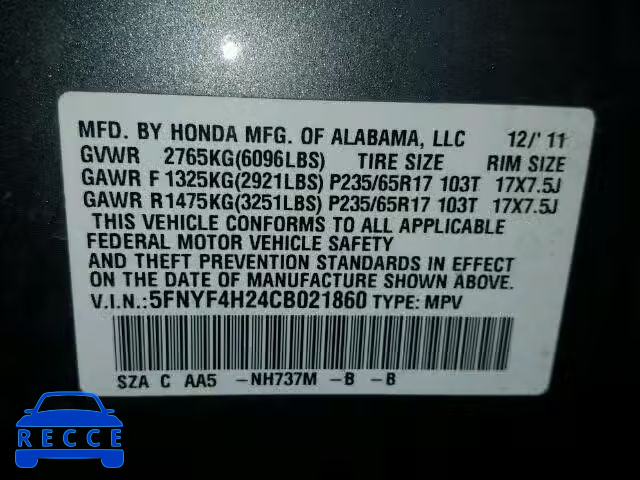 2012 HONDA PILOT LX 5FNYF4H24CB021860 image 9