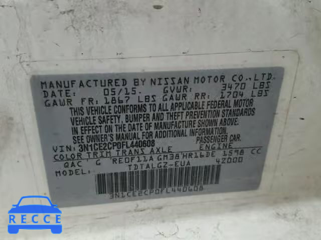 2015 NISSAN VERSA NO S 3N1CE2CP0FL440608 зображення 9