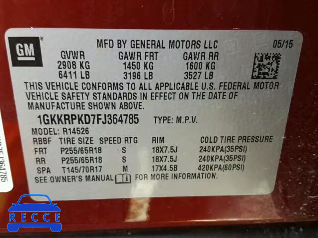 2015 GMC ACADIA SLE 1GKKRPKD7FJ364785 image 9