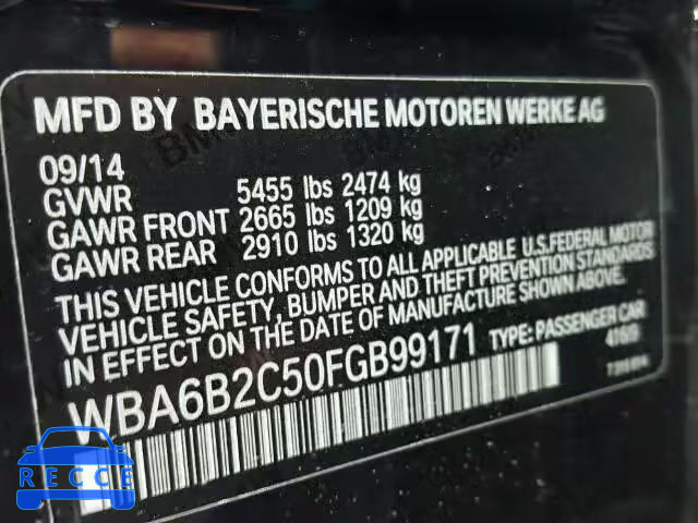 2015 BMW 650I GRAN WBA6B2C50FGB99171 зображення 9