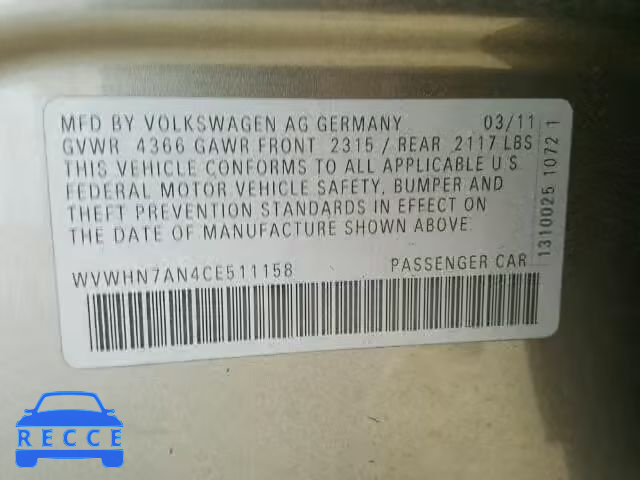 2012 VOLKSWAGEN CC LUXURY WVWHN7AN4CE511158 image 9