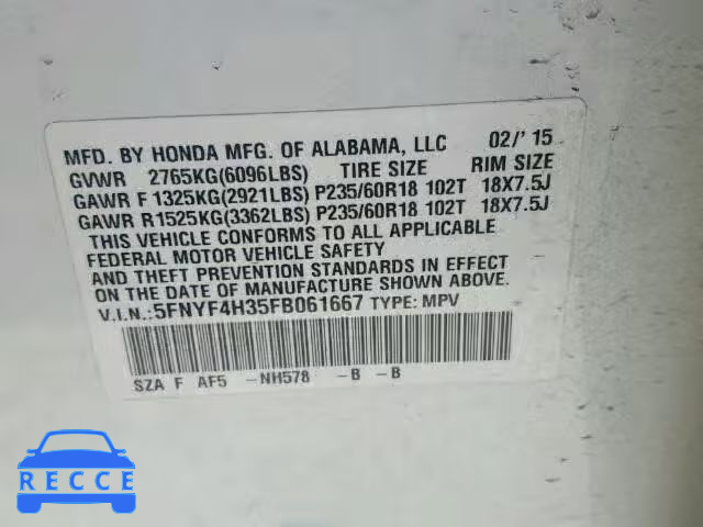 2015 HONDA PILOT SE 5FNYF4H35FB061667 image 9