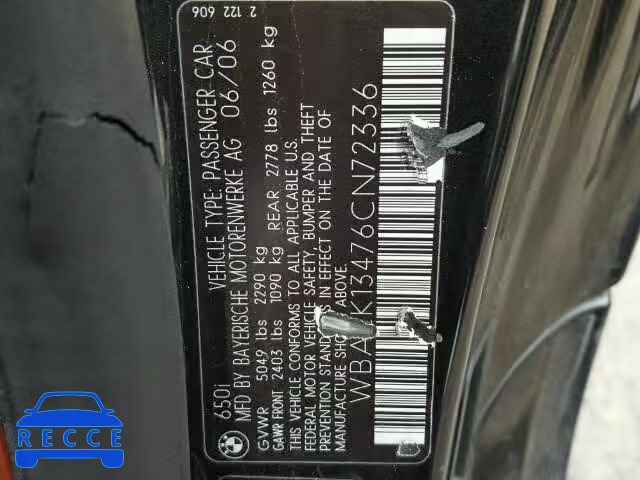 2006 BMW 650I WBAEK13476CN72336 зображення 9