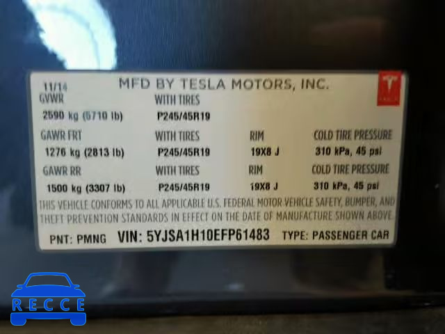 2014 TESLA MODEL S 5YJSA1H10EFP61483 image 9