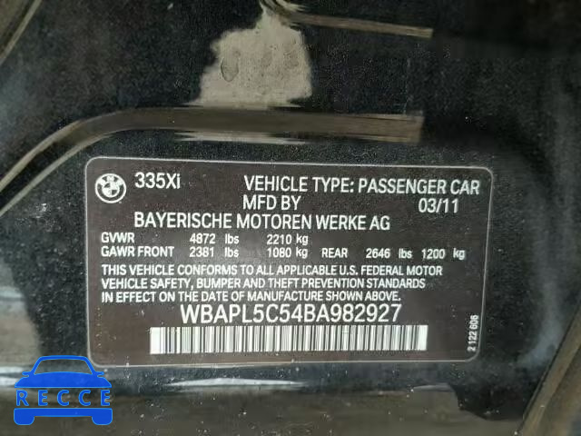 2011 BMW 335XI WBAPL5C54BA982927 зображення 9