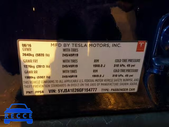 2016 TESLA MODEL S 5YJSA1E26GF154777 зображення 9