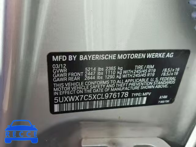 2012 BMW X3 XDRIVE3 5UXWX7C5XCL976178 image 9