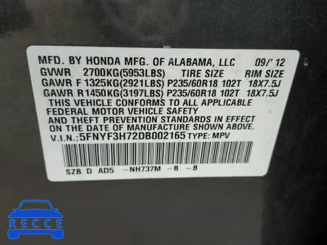 2013 HONDA PILOT EXLN 5FNYF3H72DB002165 image 9
