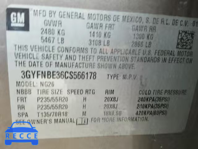 2012 CADILLAC SRX PERFOR 3GYFNBE36CS566178 image 9