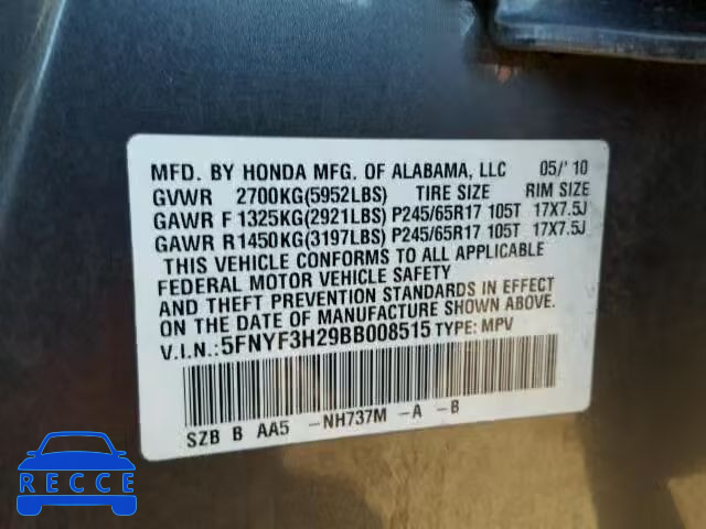 2011 HONDA PILOT LX 5FNYF3H29BB008515 image 9