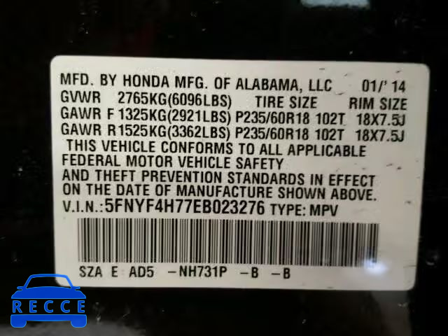 2014 HONDA PILOT EXLN 5FNYF4H77EB023276 image 9