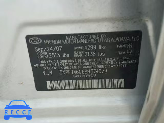 2008 HYUNDAI SONATA 5NPET46C68H374679 image 9