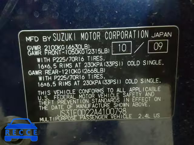 2010 SUZUKI GRAND VITA JS3TE0D22A4100798 image 9