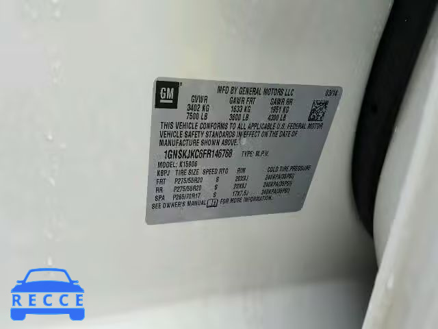 2015 CHEVROLET K1500 SUBU 1GNSKJKC6FR146768 Bild 9