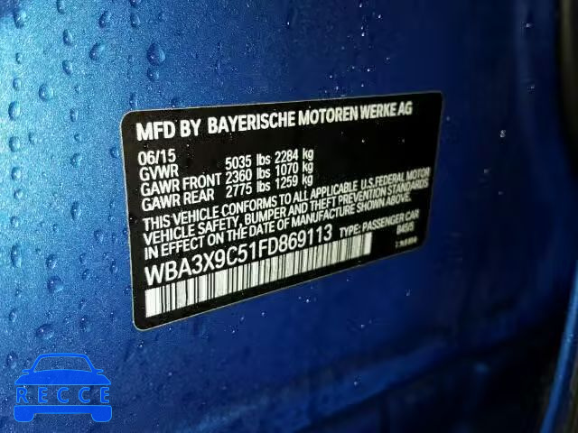 2015 BMW 335XI GT WBA3X9C51FD869113 зображення 9