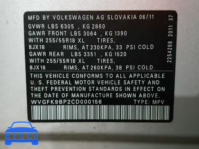 2012 VOLKSWAGEN TOUAREG TD WVGFK9BP2CD000156 image 9