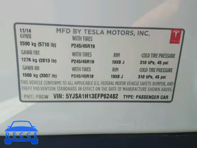 2014 TESLA MODEL S 5YJSA1H13EFP62482 image 9