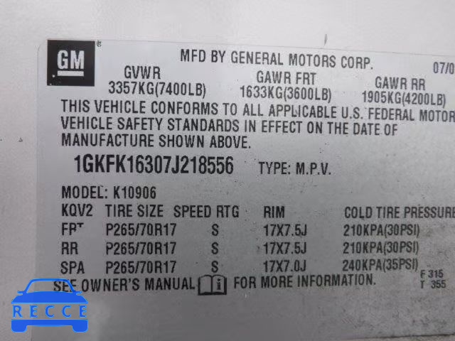 2007 GMC YUKON XL K 1GKFK16307J218556 image 9