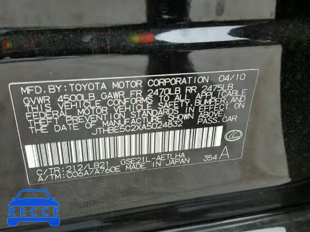 2010 LEXUS IS350 JTHBE5C2XA5024832 image 9