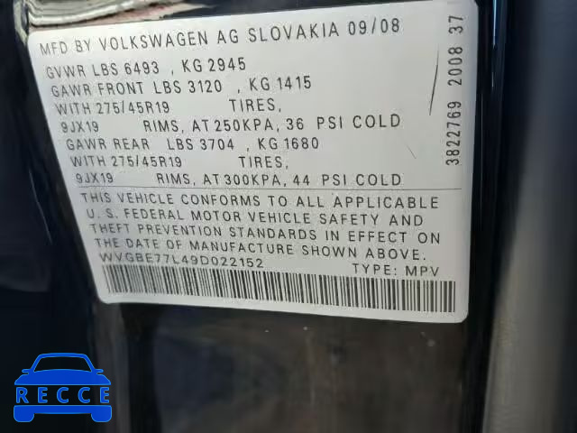 2009 VOLKSWAGEN TOUAREG 2 WVGBE77L49D022152 image 9