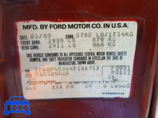 1989 FORD MUSTANG LX 1FABP40A4KF181713 image 9