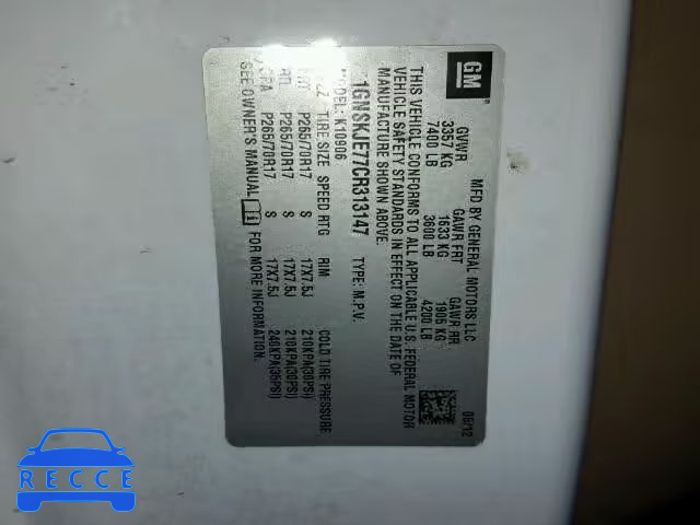 2012 CHEVROLET K1500 SUBU 1GNSKJE77CR313147 image 9