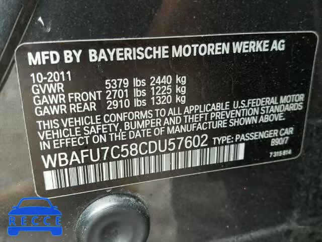 2012 BMW 535XI WBAFU7C58CDU57602 зображення 9