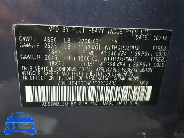 2015 SUBARU OUTBACK 3. 4S4BSENC7F3253435 image 9