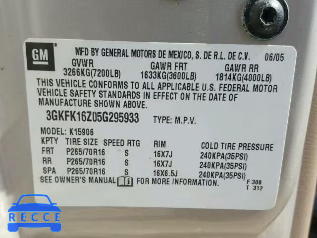 2005 GMC YUKON XL K 3GKFK16Z05G295933 image 9