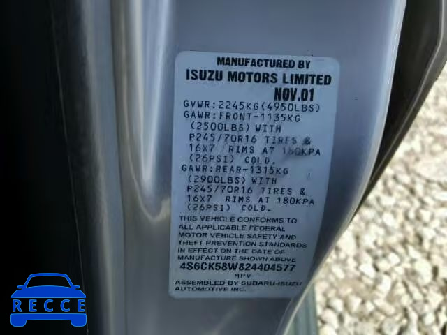 2002 HONDA PASSPORT E 4S6CK58W824404577 зображення 9
