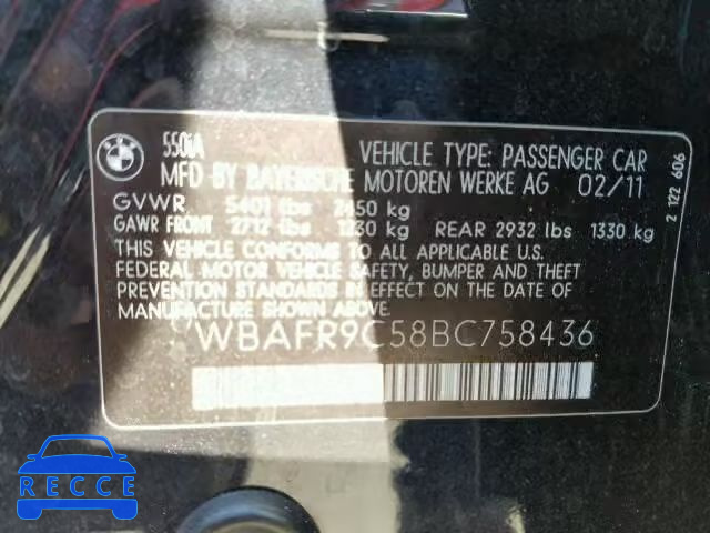 2011 BMW 550I WBAFR9C58BC758436 зображення 9