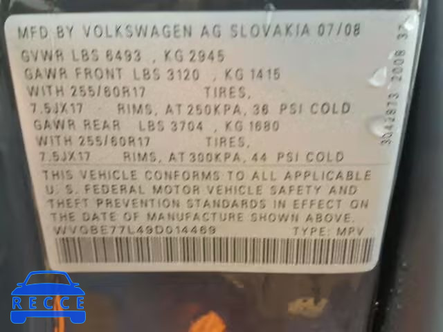 2009 VOLKSWAGEN TOUAREG 2 WVGBE77L49D014469 image 9