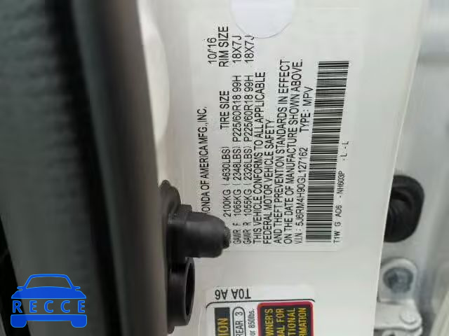 2016 HONDA CR-V TOURI 5J6RM4H90GL127162 image 9