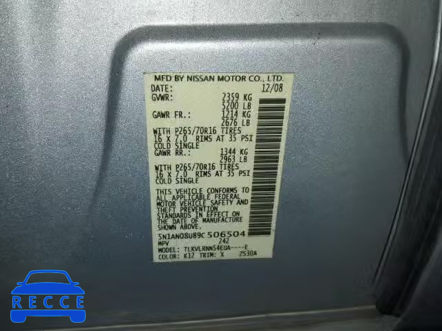 2009 NISSAN XTERRA 4.0 5N1AN08U89C506504 image 9