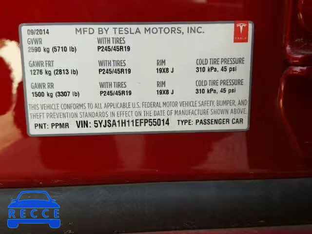 2014 TESLA MODEL S 5YJSA1H11EFP55014 image 9