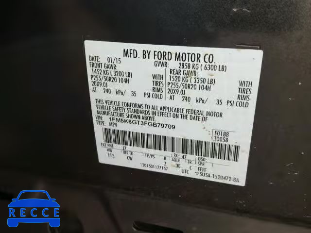 2015 FORD EXPLORER S 1FM5K8GT3FGB79709 image 9