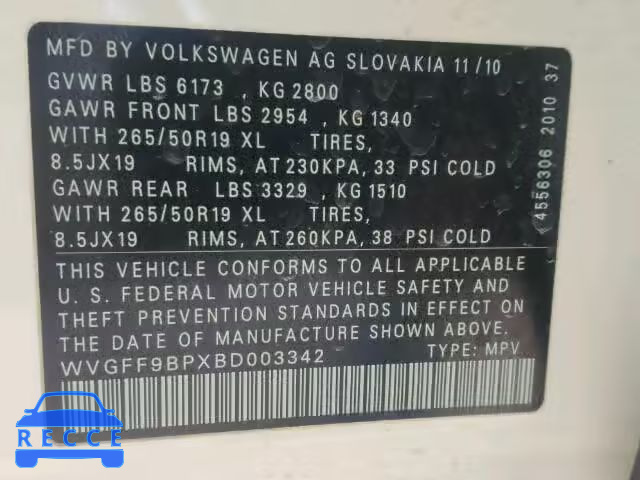 2011 VOLKSWAGEN TOUAREG V6 WVGFF9BPXBD003342 зображення 9