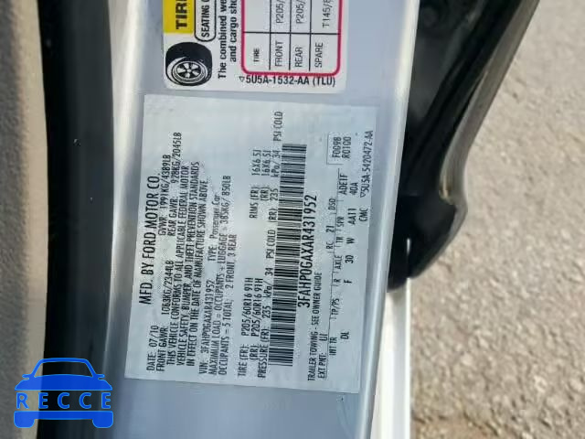 2010 FORD FUSION S 3FAHP0GAXAR431952 image 9