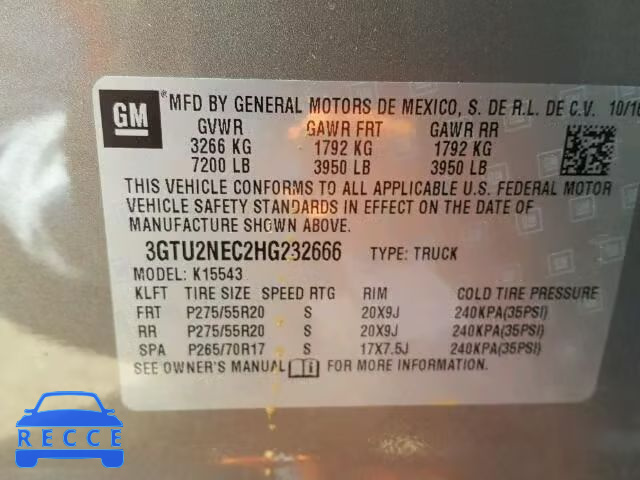 2017 GMC SIERRA K15 3GTU2NEC2HG232666 Bild 9