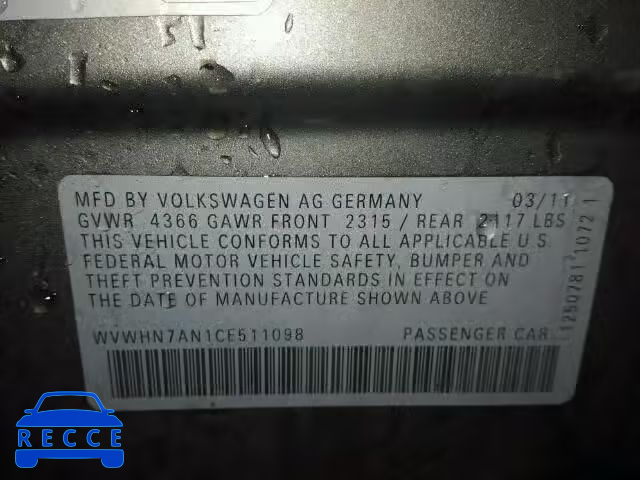 2012 VOLKSWAGEN CC LUXURY WVWHN7AN1CE511098 image 9