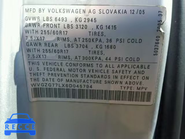 2006 VOLKSWAGEN TOUAREG 3. WVGZG77LX6D045794 image 9