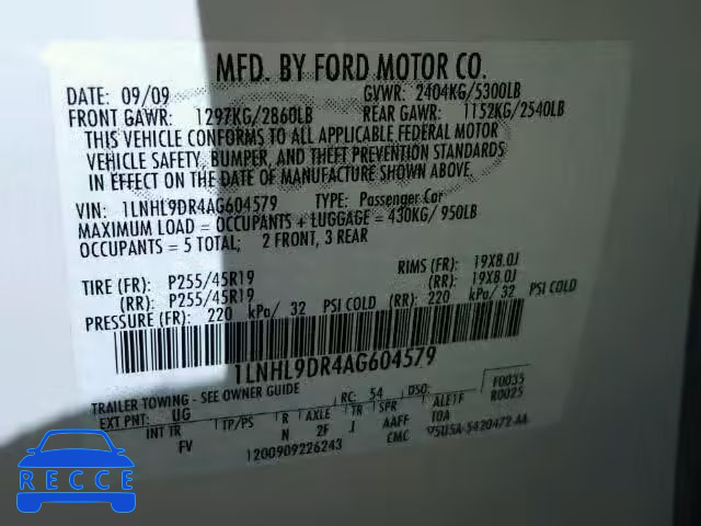 2010 LINCOLN MKS 1LNHL9DR4AG604579 Bild 9