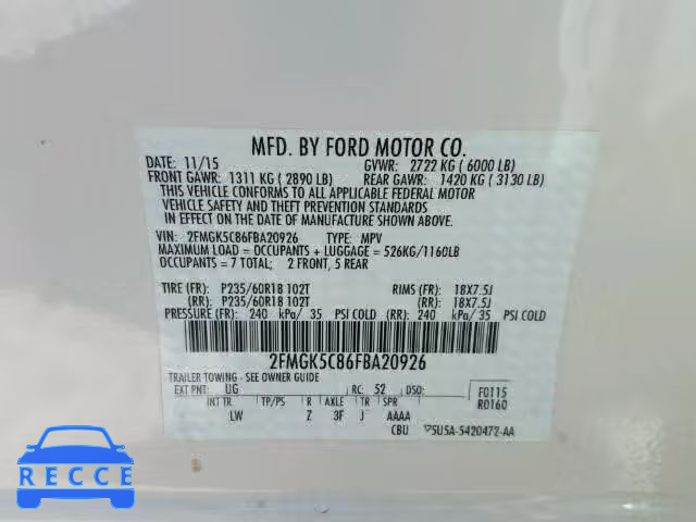 2015 FORD FLEX SEL 2FMGK5C86FBA20926 image 9