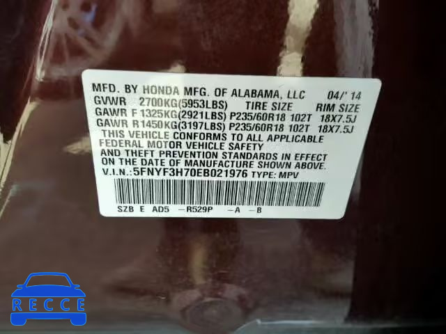 2014 HONDA PILOT EXLN 5FNYF3H70EB021976 image 9