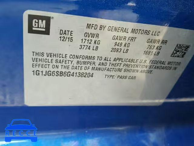 2016 CHEVROLET SONIC RS 1G1JG6SB6G4138204 image 9