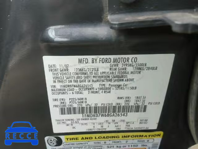 2008 FORD TAURUS X E 1FMDK07W68GA26543 image 9