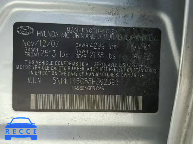 2008 HYUNDAI SONATA 5NPET46C58H392395 image 9