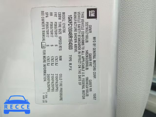 2008 GMC YUKON 1GKFC13048R164303 image 9