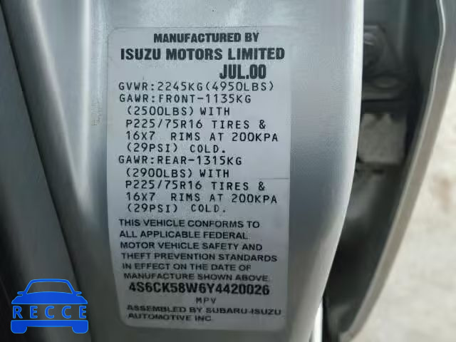 2000 HONDA PASSPORT E 4S6CK58W6Y4420026 image 9